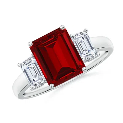 ANGARA LAB-GROWN EMERALD-CUT RUBY AND LAB DIAMOND THREE STONE RING