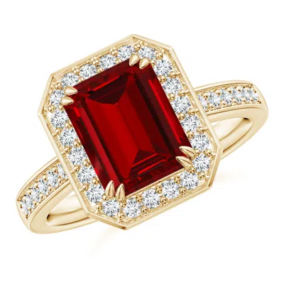 ANGARA LAB-GROWN EMERALD-CUT RUBY ENGAGEMENT RING WITH LAB DIAMOND HALO