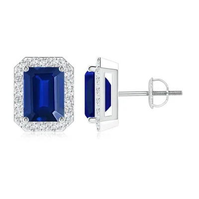 ANGARA LAB-GROWN EMERALD-CUT SAPPHIRE STUD EARRINGS WITH LAB DIAMOND HALO