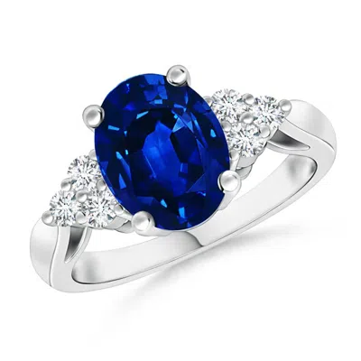 ANGARA LAB-GROWN OVAL BLUE SAPPHIRE COCKTAIL RING WITH TRIO DIAMOND ACCENTS
