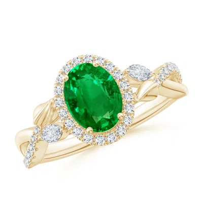 ANGARA LAB-GROWN OVAL EMERALD TWISTED VINE RING WITH DIAMOND HALO