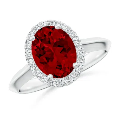 ANGARA LAB-GROWN OVAL RUBY HALO KNIFE-EDGE SHANK ENGAGEMENT RING