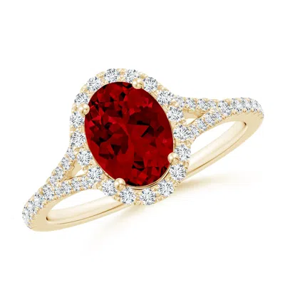 ANGARA LAB-GROWN OVAL RUBY HALO SPLIT SHANK ENGAGEMENT RING