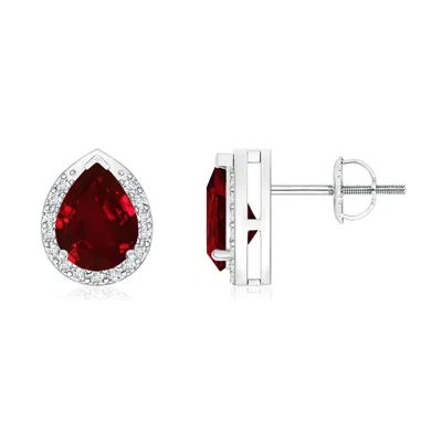 ANGARA LAB-GROWN PEAR-SHAPED RUBY STUD EARRINGS WITH DIAMOND HALO
