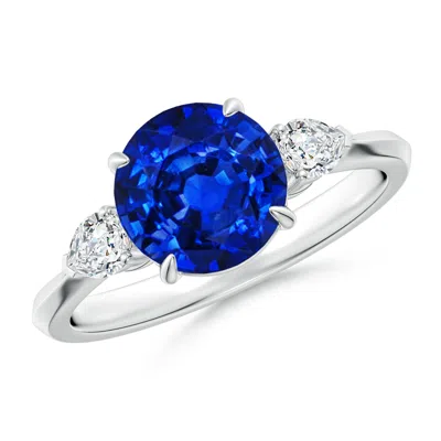 ANGARA LAB-GROWN ROUND BLUE SAPPHIRE AND PEAR DIAMOND THREE STONE ENGAGEMENT RING
