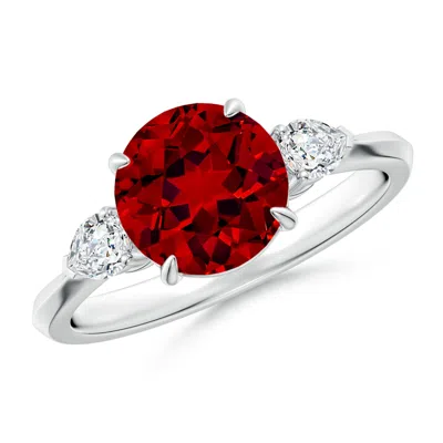 ANGARA LAB-GROWN ROUND RUBY AND PEAR DIAMOND THREE STONE ENGAGEMENT RING
