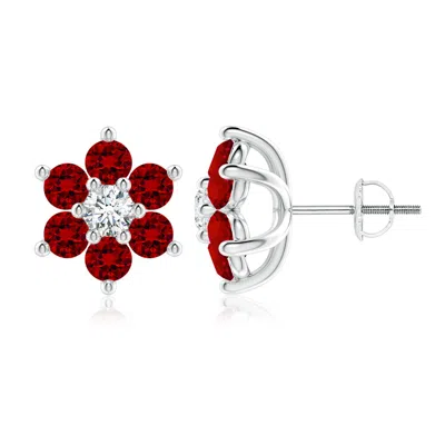 ANGARA LAB-GROWN SIX PETAL RUBY AND LAB DIAMOND FLOWER STUD EARRINGS
