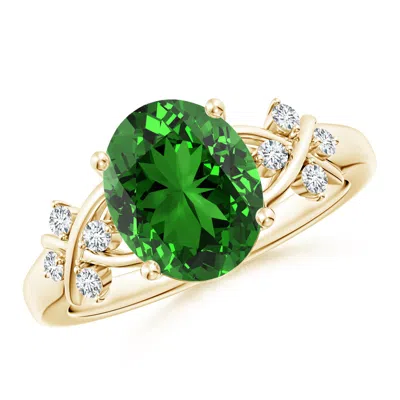 ANGARA LAB-GROWN SOLITAIRE OVAL EMERALD CRISS CROSS RING WITH DIAMONDS