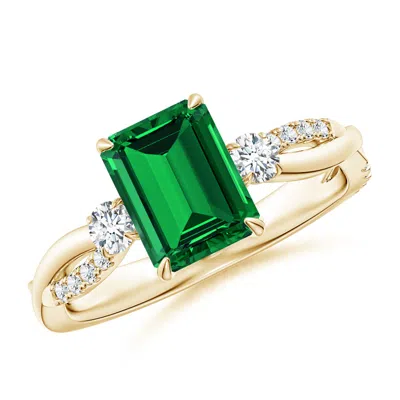 ANGARA LAB-GROWN THREE STONE EMERALD-CUT EMERALD & ROUND DIAMOND ENGAGEMENT RING