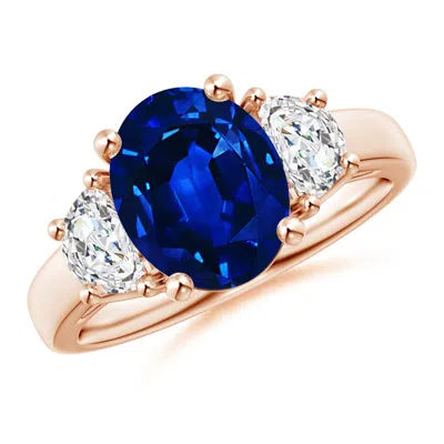 ANGARA LAB-GROWN THREE STONE OVAL BLUE SAPPHIRE AND HALF MOON LAB DIAMOND RING