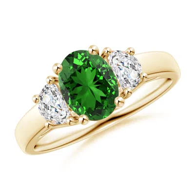 ANGARA LAB-GROWN THREE STONE OVAL EMERALD AND HALF MOON DIAMOND RING