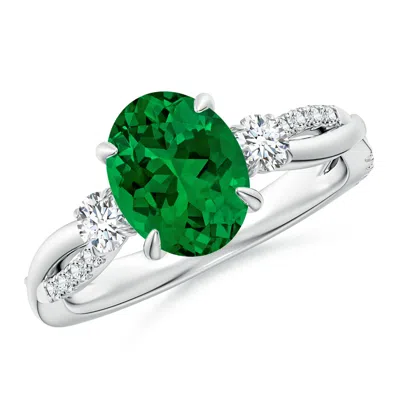 ANGARA LAB-GROWN THREE STONE OVAL EMERALD & ROUND DIAMOND ENGAGEMENT RING