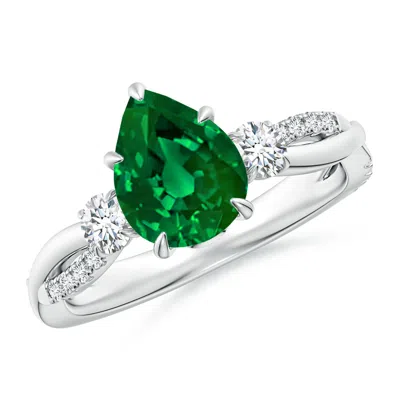 ANGARA LAB-GROWN THREE STONE PEAR EMERALD & ROUND DIAMOND ENGAGEMENT RING