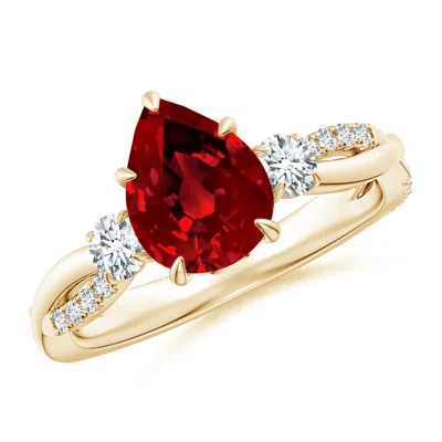 ANGARA LAB-GROWN THREE STONE PEAR RUBY & ROUND DIAMOND ENGAGEMENT RING