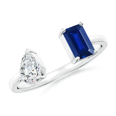 ANGARA LAB-GROWN TWO-STONE EMERALD-CUT BLUE SAPPHIRE & PEAR DIAMOND OPEN RING