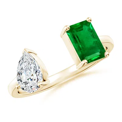 ANGARA LAB-GROWN TWO-STONE EMERALD-CUT EMERALD & PEAR DIAMOND OPEN RING