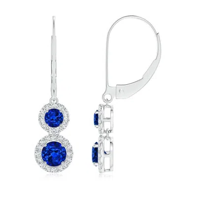 ANGARA LAB-GROWN TWO TIER BLUE SAPPHIRE LEVERBACK EARRINGS WITH DIAMOND HALO