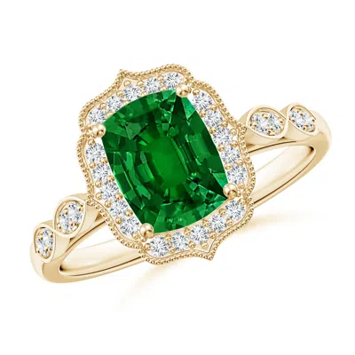 ANGARA LAB-GROWN VINTAGE INSPIRED CUSHION RECTANGULAR EMERALD ORNATE HALO ENGAGEMENT RING