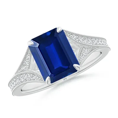 ANGARA LAB-GROWN VINTAGE INSPIRED EMERALD-CUT BLUE SAPPHIRE SPLIT SHANK ENGAGEMENT RING
