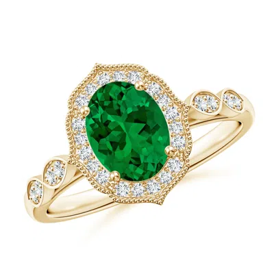 ANGARA LAB-GROWN VINTAGE INSPIRED OVAL EMERALD ORNATE HALO ENGAGEMENT RING