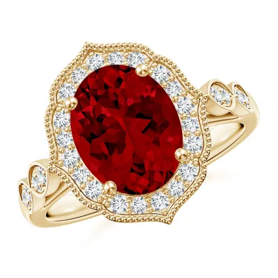 ANGARA LAB-GROWN VINTAGE INSPIRED OVAL RUBY ORNATE HALO ENGAGEMENT RING