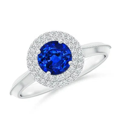 ANGARA LAB-GROWN VINTAGE INSPIRED ROUND BLUE SAPPHIRE DOUBLE HALO ENGAGEMENT RING