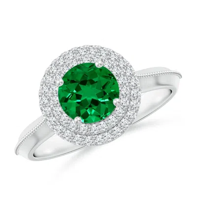ANGARA LAB-GROWN VINTAGE INSPIRED ROUND EMERALD DOUBLE HALO ENGAGEMENT RING