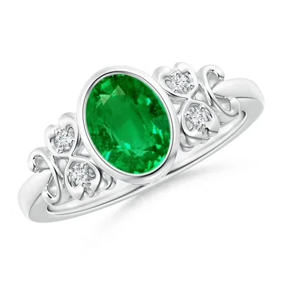 ANGARA LAB-GROWN VINTAGE STYLE BEZEL-SET OVAL EMERALD RING WITH DIAMONDS