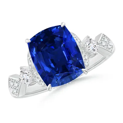 ANGARA LAB-GROWN VINTAGE STYLE CUSHION RECTANGULAR BLUE SAPPHIRE ENGAGEMENT RING WITH LEAF MOTIFS