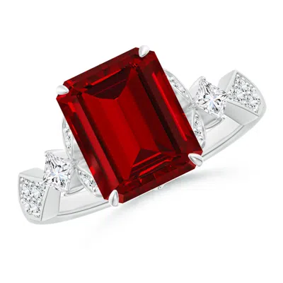 ANGARA LAB-GROWN VINTAGE STYLE EMERALD-CUT RUBY ENGAGEMENT RING WITH LEAF MOTIFS