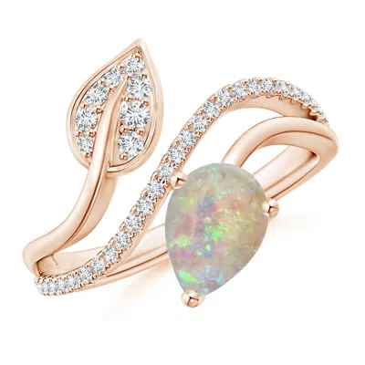 ANGARA OPAL AND DIAMOND BYPASS RING WITH LEAF MOTIF