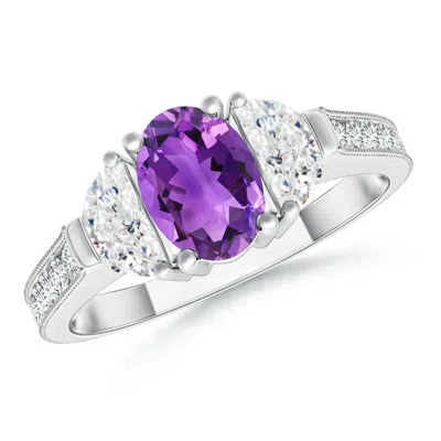 ANGARA OVAL AMETHYST AND HALF MOON DIAMOND THREE STONE RING