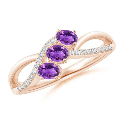 ANGARA OVAL AMETHYST THREE STONE BYPASS RING WITH DIAMONDS