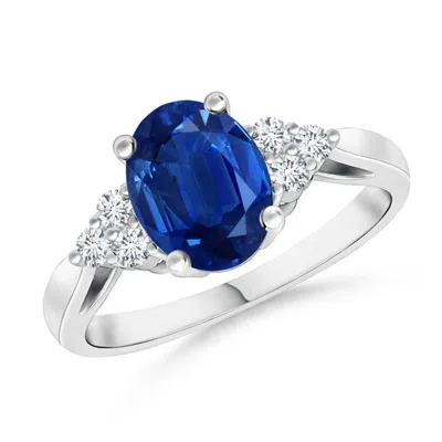 ANGARA OVAL BLUE SAPPHIRE COCKTAIL RING WITH TRIO DIAMOND ACCENTS