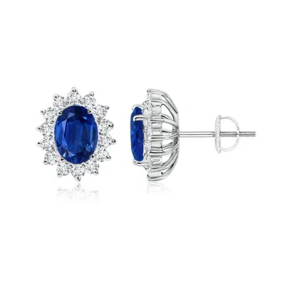ANGARA OVAL BLUE SAPPHIRE FLOWER STUD EARRINGS WITH DIAMOND HALO