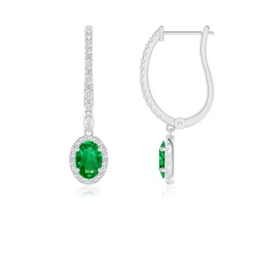 ANGARA OVAL EMERALD HALO HUGGIE HOOP DROP EARRINGS