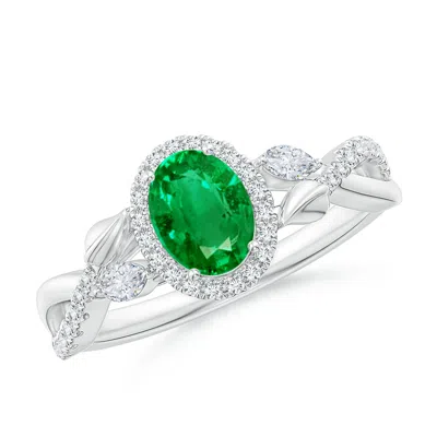 ANGARA OVAL EMERALD TWISTED VINE RING WITH DIAMOND HALO