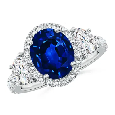 ANGARA OVAL LAB-GROWN BLUE SAPPHIRE AND HALF MOON DIAMOND HALO ENGAGEMENT RING