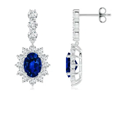 ANGARA OVAL LAB-GROWN BLUE SAPPHIRE FLORAL HALO DANGLE EARRINGS