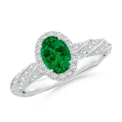 ANGARA OVAL LAB-GROWN EMERALD HALO TWISTED ROPE SHANK ENGAGEMENT RING