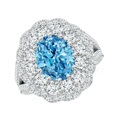ANGARA OVAL LAB-GROWN FANCY INTENSE BLUE DIAMOND FLORAL HALO SPLIT SHANK COCKTAIL RING
