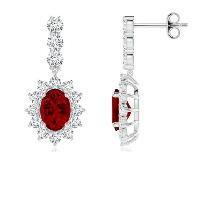 ANGARA OVAL LAB-GROWN RUBY FLORAL HALO DANGLE EARRINGS