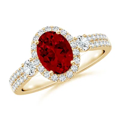 ANGARA OVAL LAB-GROWN RUBY HALO DOUBLE SHANK ENGAGEMENT RING