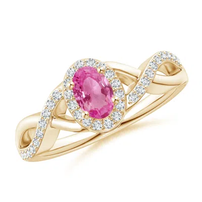 ANGARA OVAL PINK SAPPHIRE CROSSOVER RING WITH DIAMOND HALO