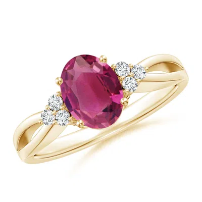 ANGARA OVAL PINK TOURMALINE SPLIT SHANK RING WITH TRIO DIAMONDS