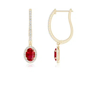 ANGARA OVAL RUBY HALO HUGGIE HOOP DROP EARRINGS