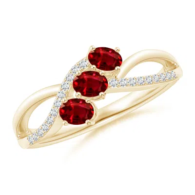 ANGARA OVAL RUBY THREE STONE BYPASS RING WITH DIAMONDS