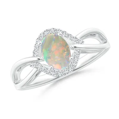 ANGARA OVAL-SHAPED OPAL ENTANGLED SPLIT SHANK RING WITH DIAMOND HALO