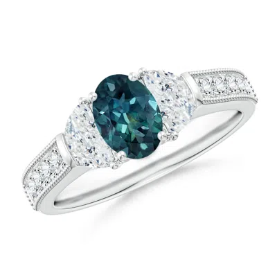 ANGARA OVAL TEAL MONTANA SAPPHIRE AND HALF MOON DIAMOND THREE STONE RING