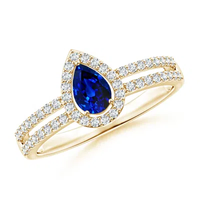 ANGARA PEAR BLUE SAPPHIRE AND DIAMOND HALO SPLIT SHANK ENGAGEMENT RING